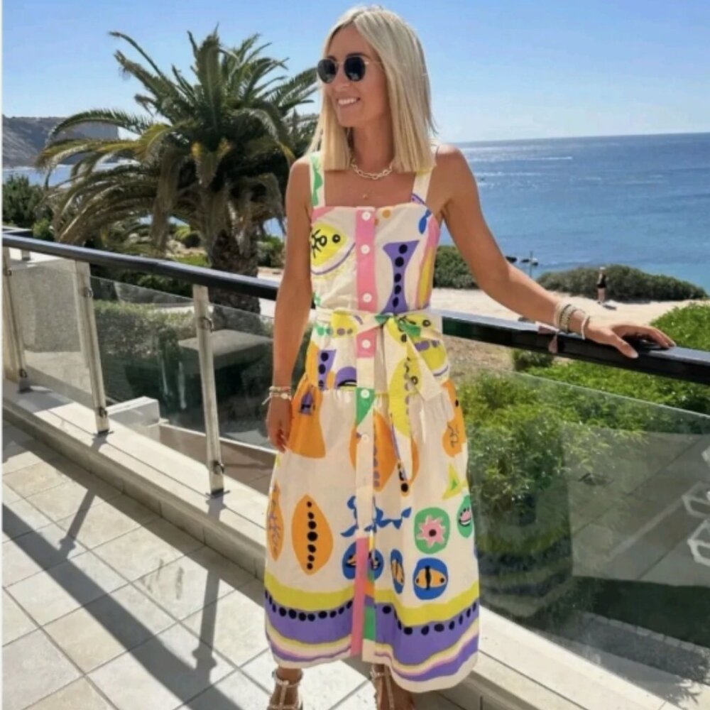 Zara Abstract Colorful Printed Button Down Midi D… - image 1